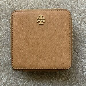 Tory Burch Tan Leather Compact Zip Travel Case with Gold Logo